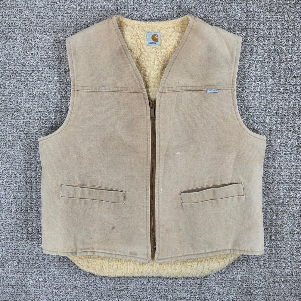 Vintage 80s Carhartt 6SV Tan Sherpa Lined Duck Vest Mens Large Workwear Canvas